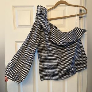 EUC J. Crew Black Checkered One Shouldered Ruffle Top in Size 10T